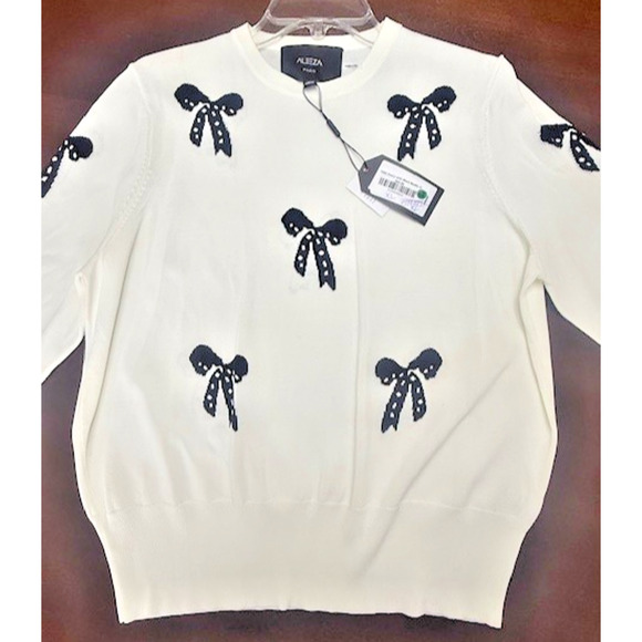 Aleeza Paris Marion Bow Top Sweater Ivory & Black Bows Large L Pullover NEW - Picture 2 of 10